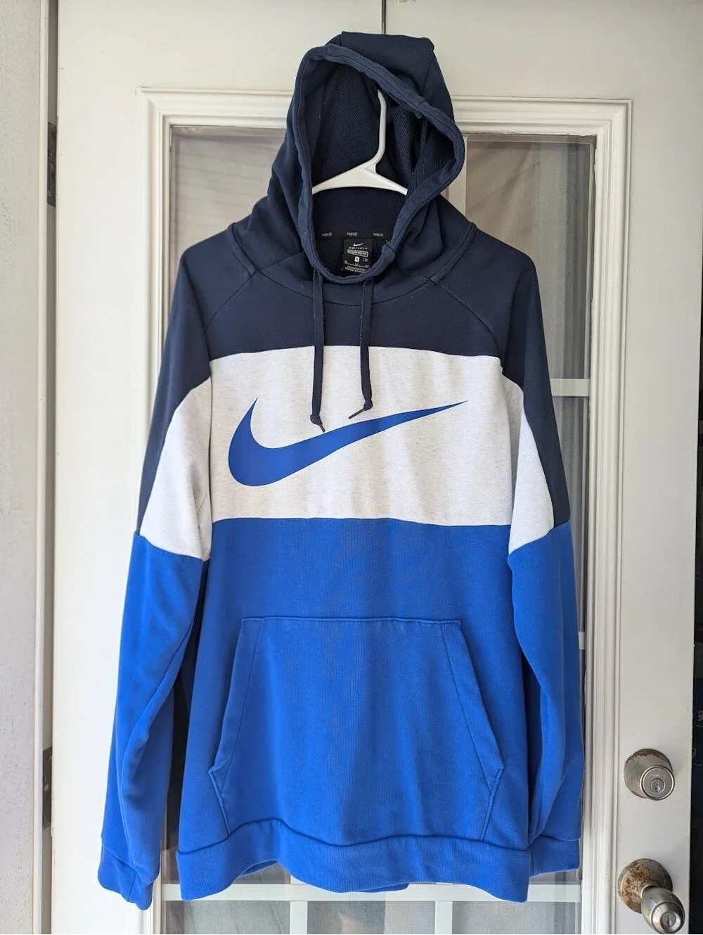 Nike Dri-FIT Hoodie XL Gray Blue Colorblock Pullover Swoosh Fleece Sweatshirt